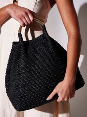 South Beach Black Straw Gold Handle Lined Shoulder Bag - Image 3 of 4