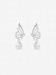Inicio Sterling Silver Plated Polished Butterfly Pearl Drop Earrings - Image 1 of 1