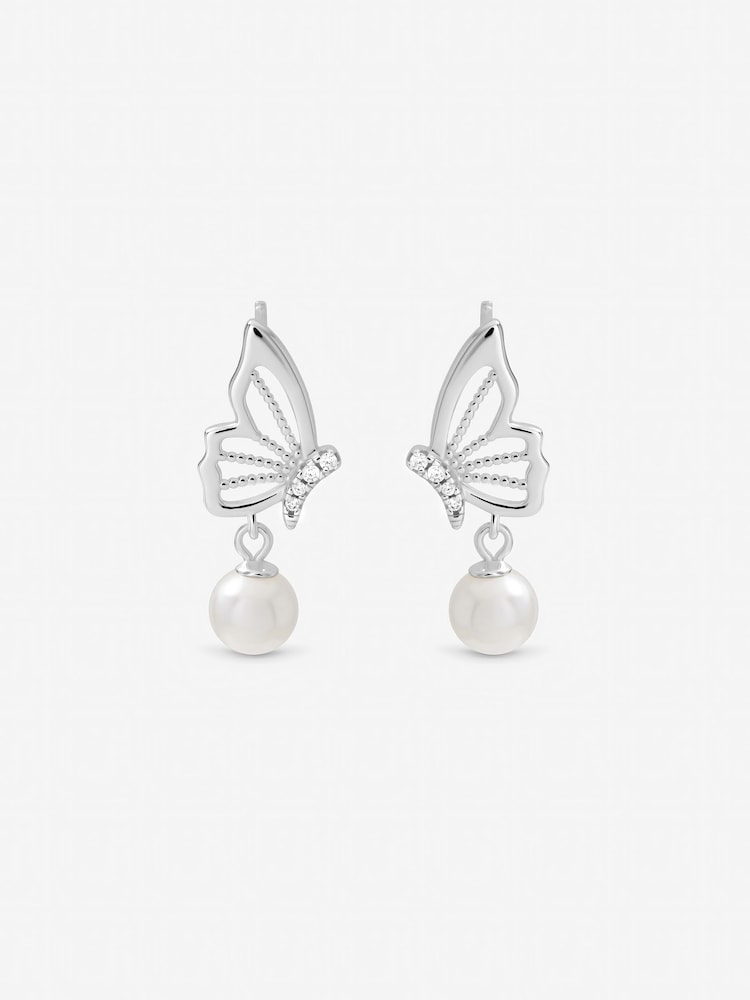Inicio Sterling Silver Plated Polished Butterfly Pearl Drop Earrings - Image 1 of 1 Inicio Sterling Silver Plated Polished Butterfly Pearl Drop Earrings - Image 1 of 1