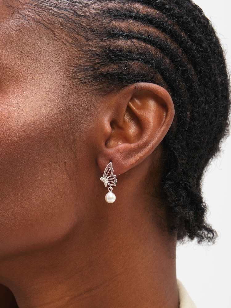 Inicio Sterling Silver Plated Polished Butterfly Pearl Drop Earrings - Image 3 of 3