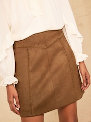 Love & Roses Tan Brown Faux Suedette Mini Skirt With Whipstitch Trim Detail - Image 1 of 4