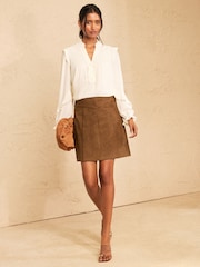 Love & Roses Tan Brown Faux Suedette Mini Skirt With Whipstitch Trim Detail - Image 3 of 4