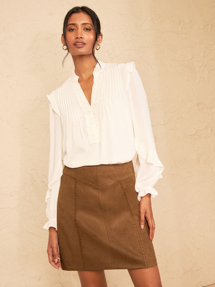 Love & Roses Tan Brown Faux Suedette Mini Skirt With Whipstitch Trim Detail - Image 4 of 4