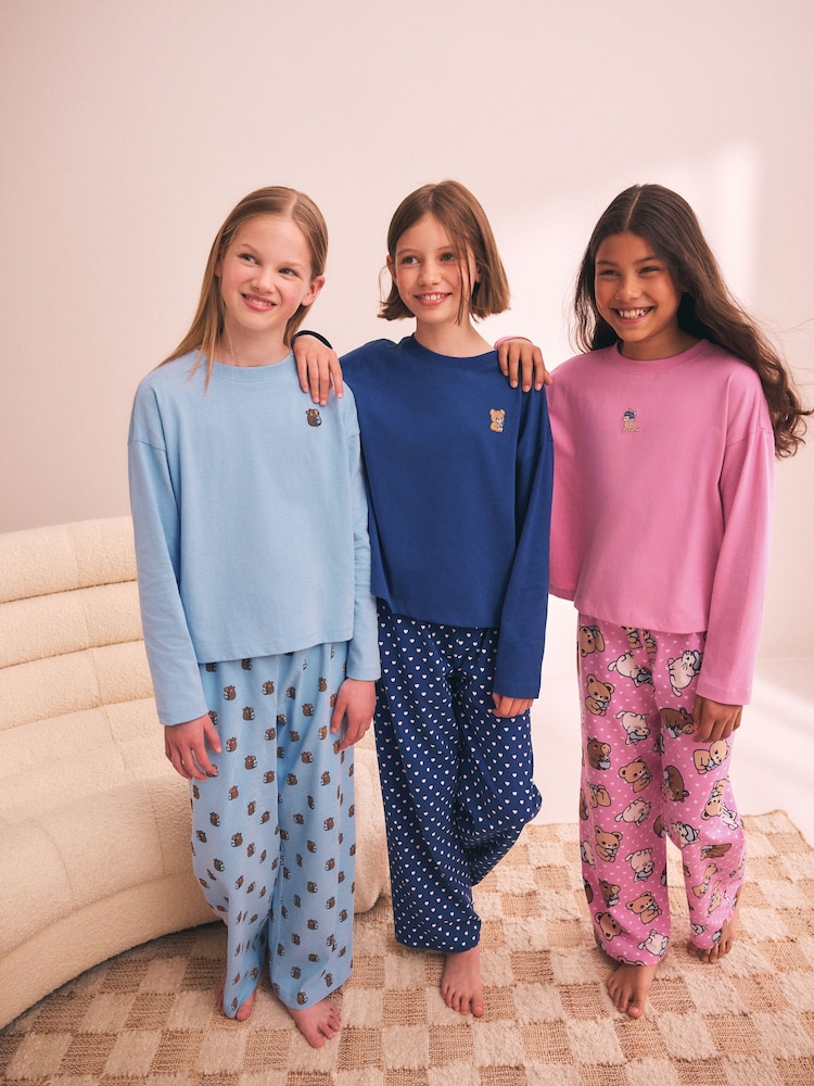 Pink/Blue Capybara Wide Leg Pyjamas 3 Pack (3-16yrs) - Image 1 of 12 Pink/Blue Capybara Wide Leg Pyjamas 3 Pack (3-16yrs) - Image 1 of 12