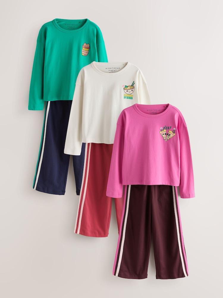 Green/Pink Wide Long Leg Pyjamas 3 Pack (3-16yrs) - Image 1 of 7 Green/Pink Wide Long Leg Pyjamas 3 Pack (3-16yrs) - Image 1 of 7