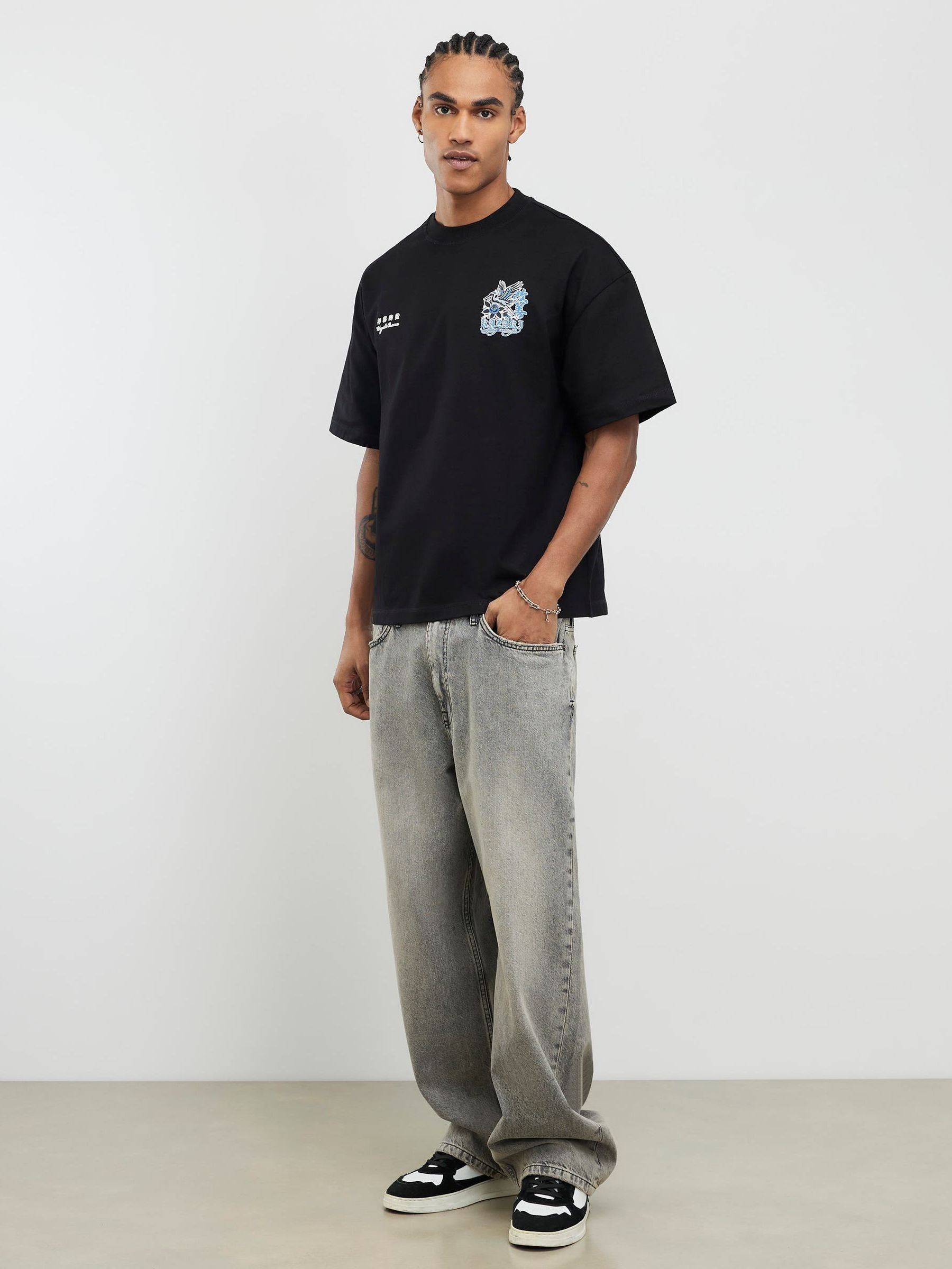 Buy River Island Black Oversized Graphic Kazaki Crane T-Shirt from
