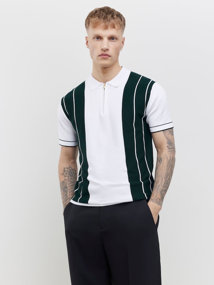 River Island Green Slim Fit Block Stripe Knit Polo Shirt - Image 1 of 4