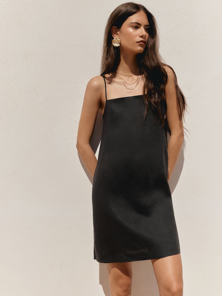 BHOEM Black 100% Linen Mini A Line Strap Dress - Image 1 of 5