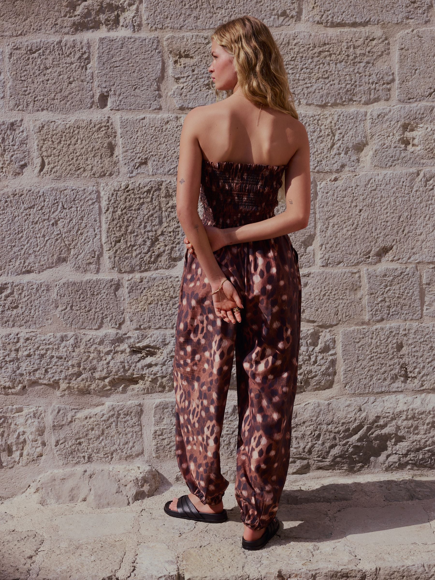 Buy Brown Animal Print Bandeau Shirred Body Balloon Leg Jumpsuit