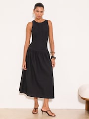Lipsy Black Boat Neck Scalloped Buttoned Dropped Waist Midi Dress - Image 1 of 5