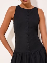 Lipsy Black Boat Neck Scalloped Buttoned Dropped Waist Midi Dress - Image 2 of 5