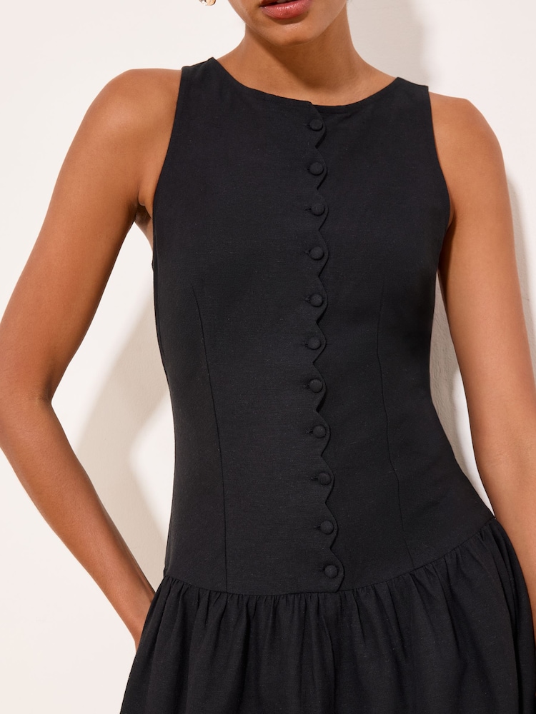 Lipsy Black Boat Neck Scalloped Buttoned Dropped Waist Midi Dress - Image 2 of 5 Lipsy Black Boat Neck Scalloped Buttoned Dropped Waist Midi Dress - Image 2 of 5