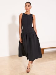 Lipsy Black Boat Neck Scalloped Buttoned Dropped Waist Midi Dress - Image 3 of 5