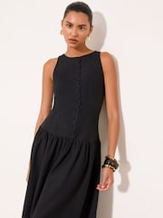 Lipsy Black Boat Neck Scalloped Buttoned Dropped Waist Midi Dress - Image 5 of 5