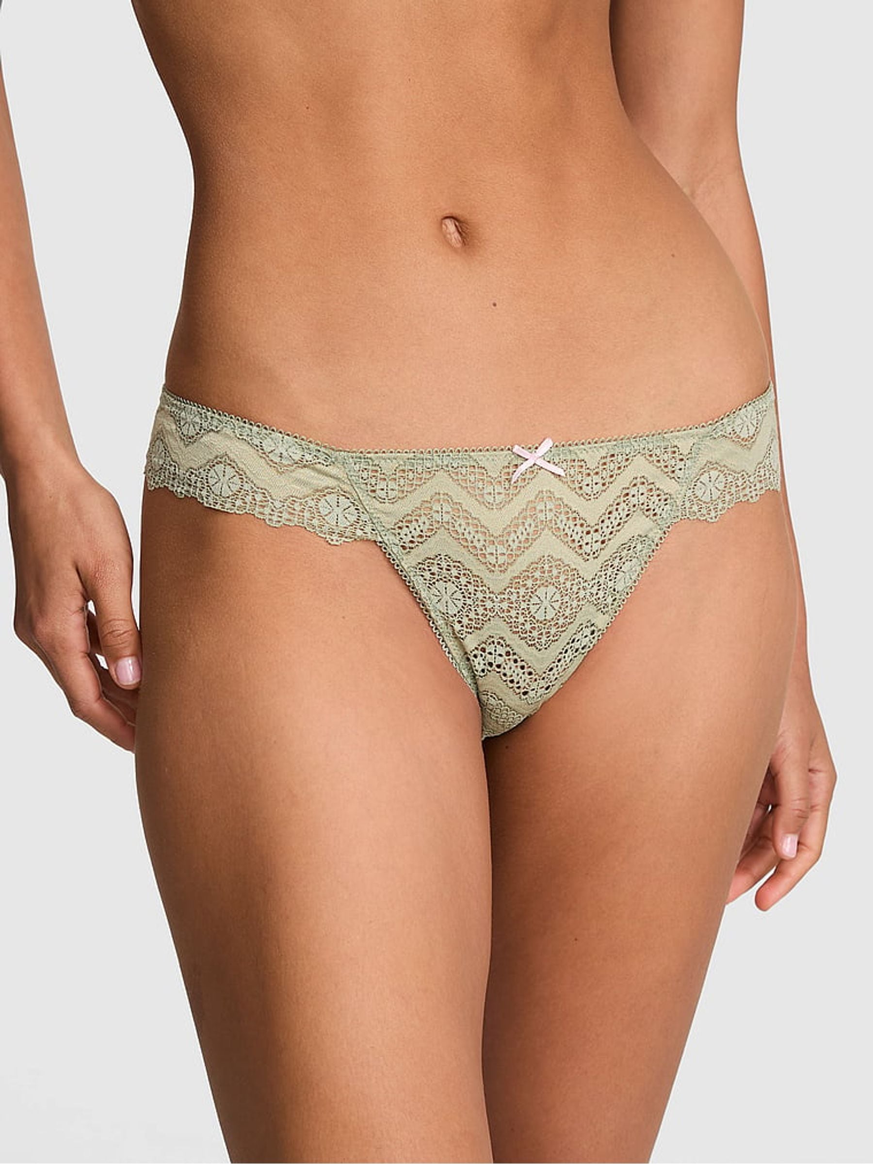 Victoria's Secret PINK Slate Green Thong Crochet Lace Knickers