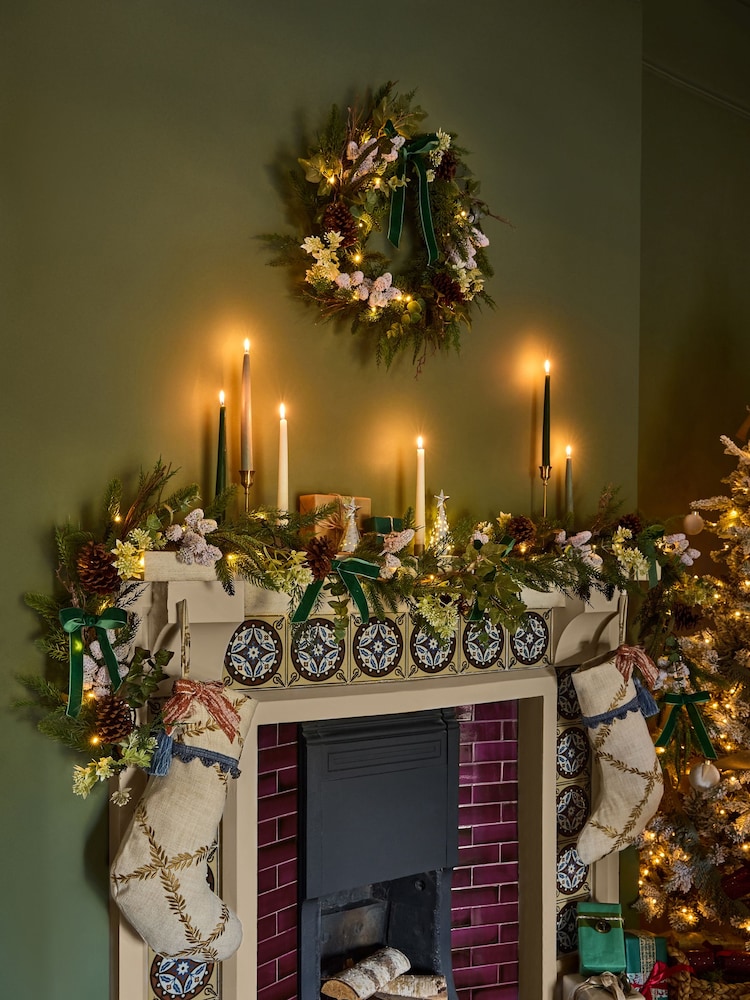 Laura Ashley Green Pre Lit Pinecone Christmas Garland - Image 1 of 4 Laura Ashley Green Pre Lit Pinecone Christmas Garland - Image 1 of 4