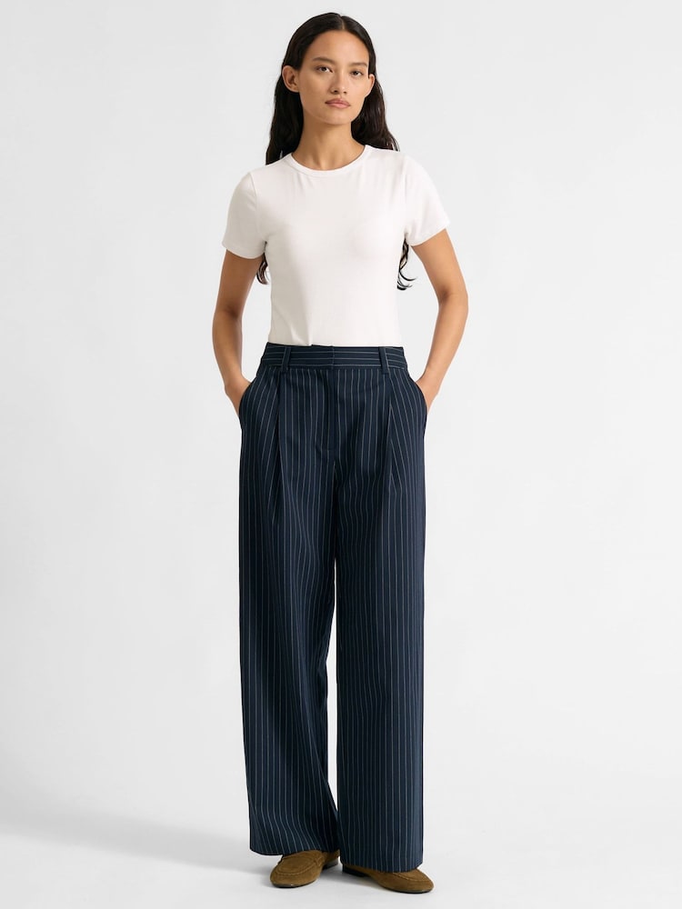 Albaray Navy Blue Pinstripe Pleat Trousers - Image 1 of 4 Albaray Navy Blue Pinstripe Pleat Trousers - Image 1 of 4