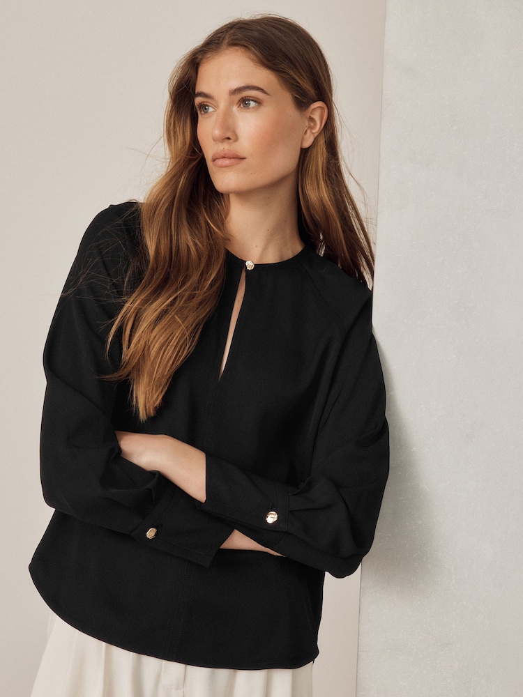 Black Long Sleeve V-Neck Overhead Blouse - Image 1 of 6