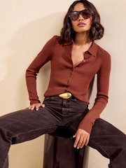 Friends Like These Burnt Orange Button Through Collared Knit Jumper - Image 2 of 5