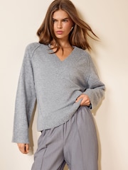 Friends Like These Grey V-Neck Seam Detail Jumper - Image 1 of 5