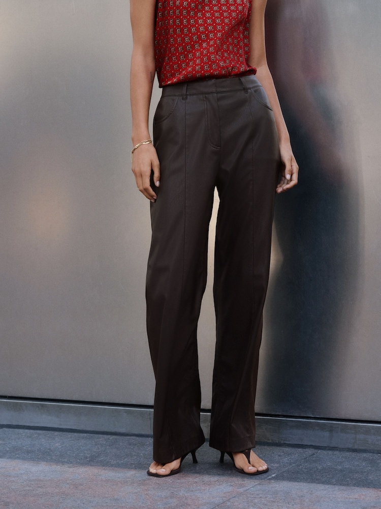 Chocolate Brown Faux Leather Textured Wide Leg Trousers - Image 1 of 5