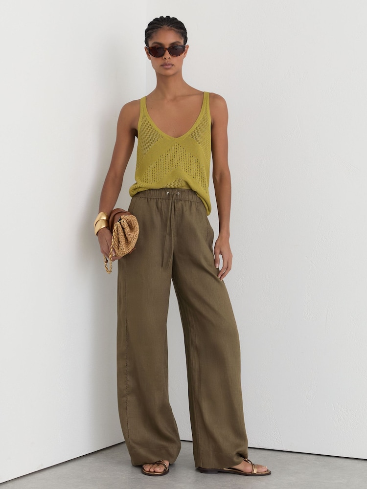 Reiss Khaki Green Riley Petite Linen Ladder-Embroidery Wide-Leg Trousers - Image 1 of 10