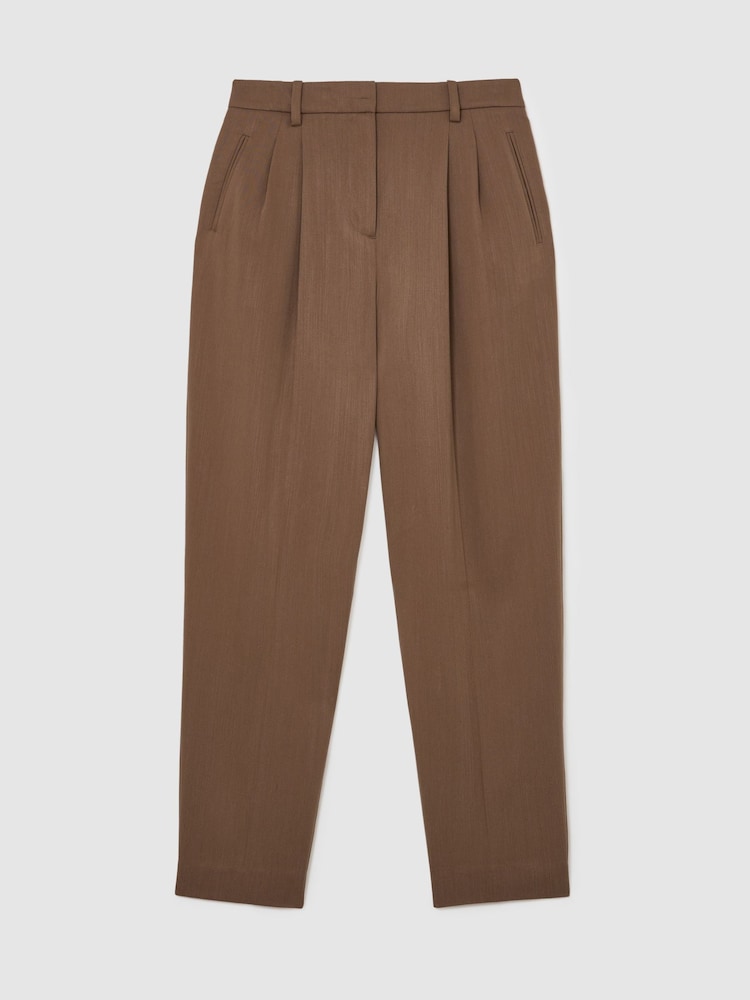 Reiss Taupe Neutral Clay Petite Lyocell Tapered Pleated Trousers - Image 2 of 7