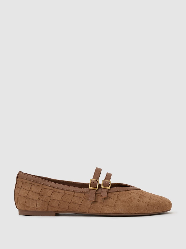 Reiss Tan Eliza Suede Croc-Embossed Ballet Flats - Image 2 of 5 Reiss Tan Eliza Suede Croc-Embossed Ballet Flats - Image 2 of 5
