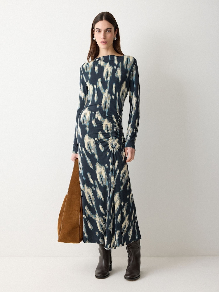 Jigsaw Blue Ikat Ruched Jersey Dress - Image 2 of 6