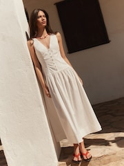 BHOEM White V-Neck Gathering Waist Poplin Midi Dress - Image 1 of 5
