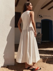BHOEM White V-Neck Gathering Waist Poplin Midi Dress - Image 2 of 5