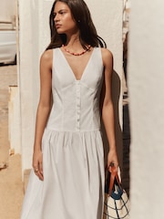 BHOEM White V-Neck Gathering Waist Poplin Midi Dress - Image 3 of 5