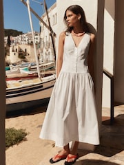 BHOEM White V-Neck Gathering Waist Poplin Midi Dress - Image 4 of 5