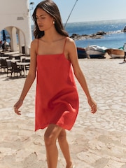 BHOEM Coral/Red 100% Linen Mini A Line Strap Dress - Image 1 of 5