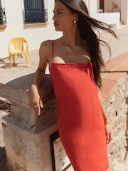 BHOEM Coral/Red 100% Linen Mini A Line Strap Dress - Image 2 of 5