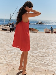 BHOEM Coral/Red 100% Linen Mini A Line Strap Dress - Image 3 of 5