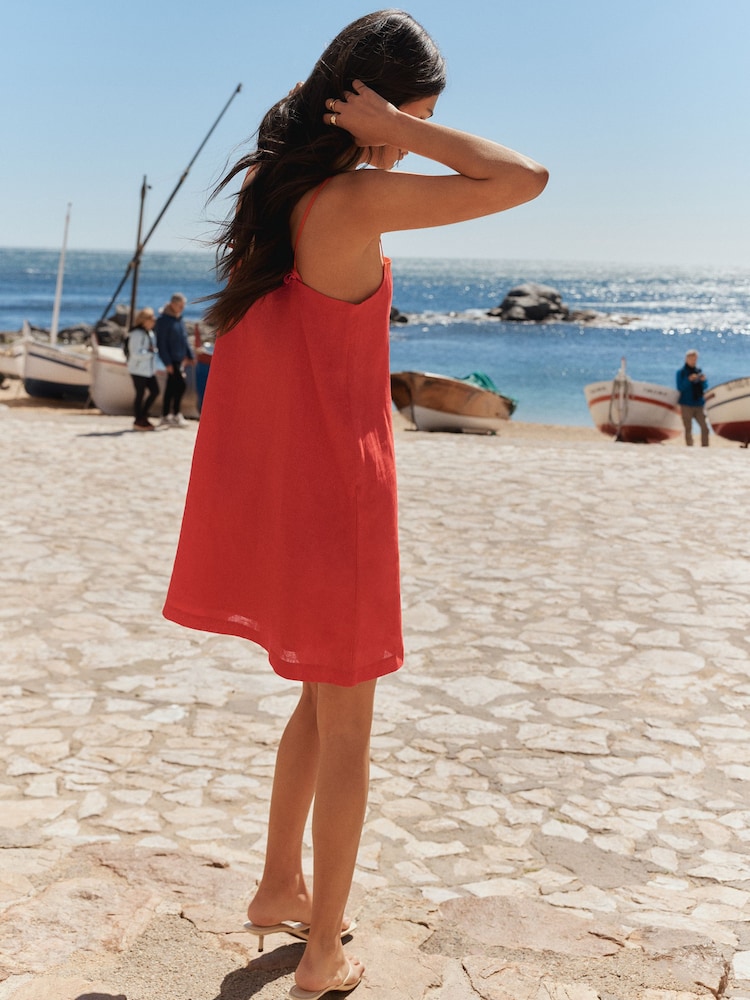 Womens BHOEM Coral/Red 100% Linen Mini A Line Strap Dress US 12 Womens BHOEM Coral/Red 100% Linen Mini A Line Strap Dress US 12