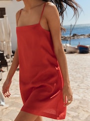 BHOEM Coral/Red 100% Linen Mini A Line Strap Dress - Image 5 of 5