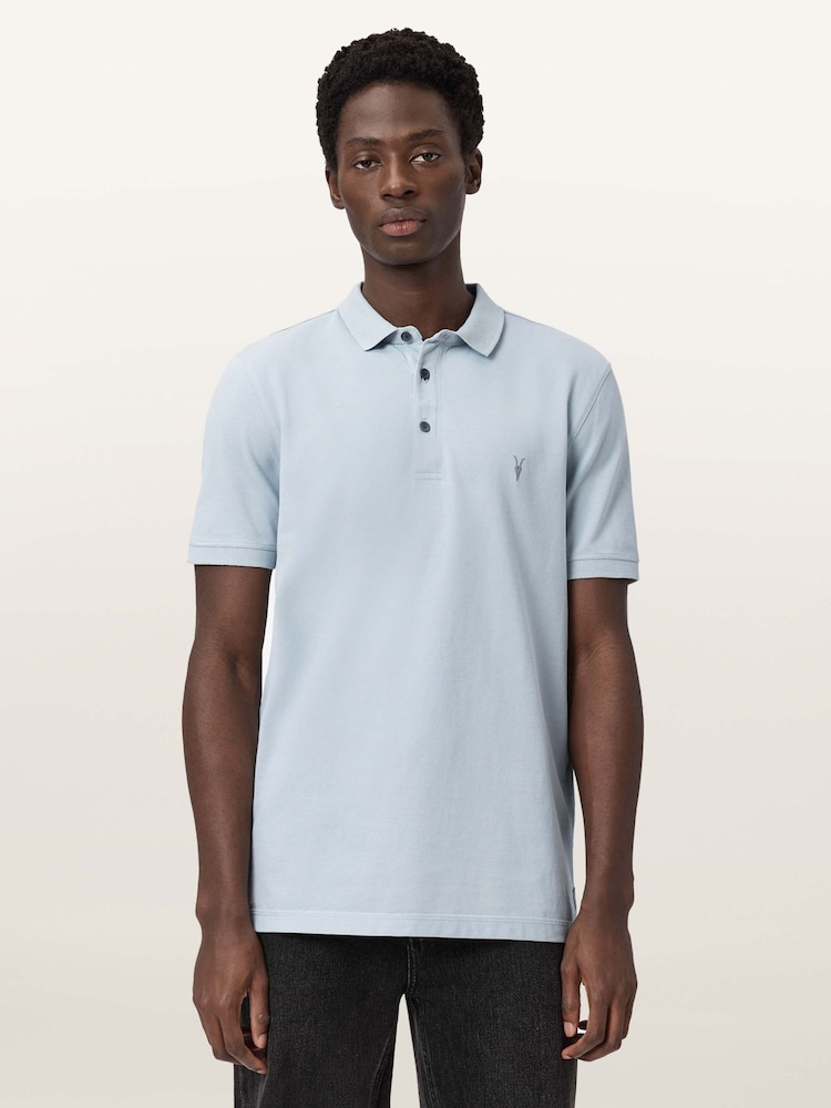 AllSaints Blue Reform Short Sleeve Polo Shirt - Image 1 of 8 AllSaints Blue Reform Short Sleeve Polo Shirt - Image 1 of 8