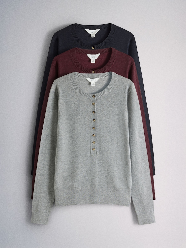 The Set 3 Pack Henley Jumper With Wool Navy Blue/Light Grey/Burgundy Red - Image 1 of 6 The Set 3 Pack Henley Jumper With Wool Navy Blue/Light Grey/Burgundy Red - Image 1 of 6