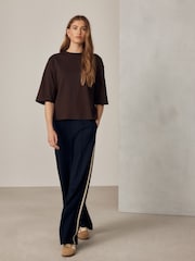 Navy Blue Ponte Wide Leg Trousers with Side Stripes - Image 1 of 9