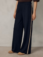 Navy Blue Ponte Wide Leg Trousers with Side Stripes - Image 3 of 9