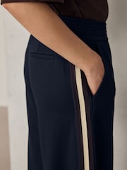 Navy Blue Ponte Wide Leg Trousers with Side Stripes - Image 4 of 9