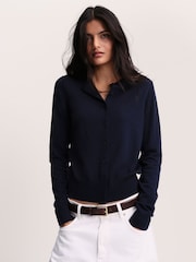 The Set Crew Neck Long Sleeve Merino Cardigan Navy Blue - Image 1 of 7