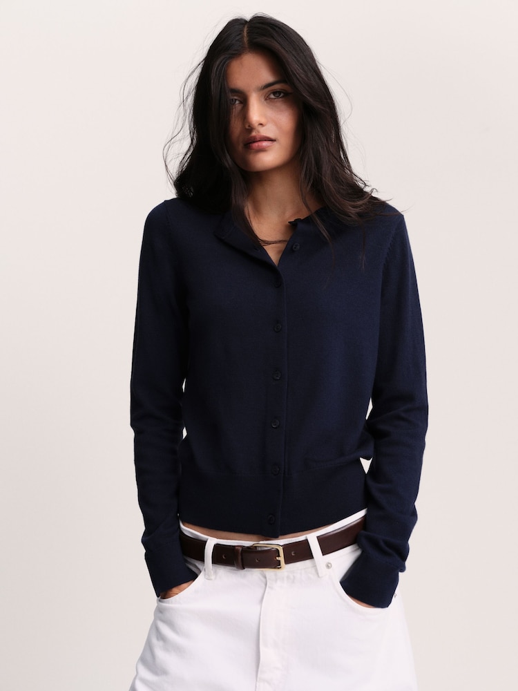 The Set Crew Neck Long Sleeve Merino Cardigan Navy Blue - Image 1 of 7