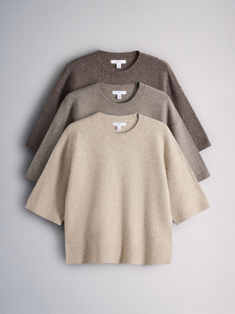 The Set 3 Pack Crew Neck Knitted T-Shirts Oatmeal/Stone Brown/Chocolate Brown - Image 2 of 11 The Set 3 Pack Crew Neck Knitted T-Shirts Oatmeal/Stone Brown/Chocolate Brown - Image 2 of 11