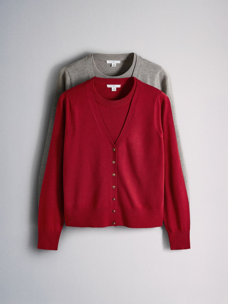 The Set 2 Pack Mock Layer Cardigans Red/Light Grey - Image 2 of 10