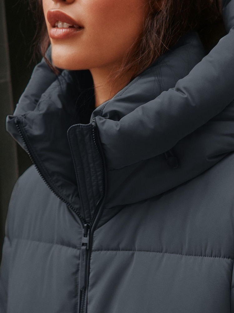 Teal Grey Shower Resistant Hooded Long Padded Puffer Coat - Image 1 of 4