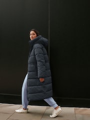 Teal Grey Shower Resistant Hooded Long Padded Puffer Coat - Image 3 of 4