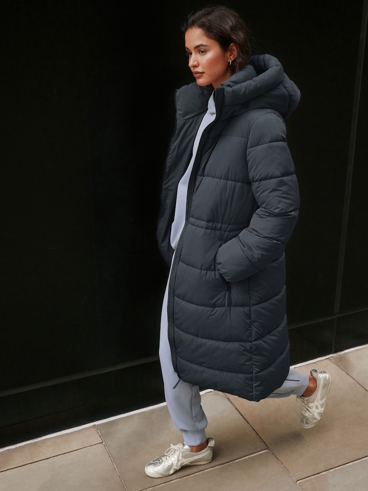 Teal Grey Shower Resistant Hooded Long Padded Puffer Coat - Image 4 of 4